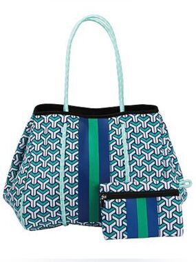 Parker & Hyde Neoprene Tote Bag Green Blue Maze Preppy Coastal Expandable New